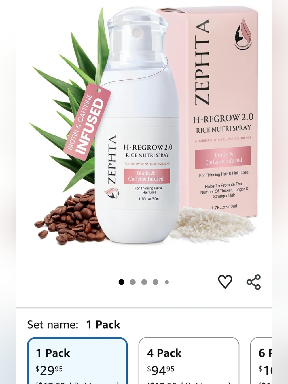 Zephta H-Regrow 2.0 Rice Nutri Spray - Biotin & Caffeine Infused 1.7oz